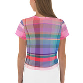 Make a bold statement with this eye-catching Rainbow Burst Print Crop Tee, designed for standout fashion.